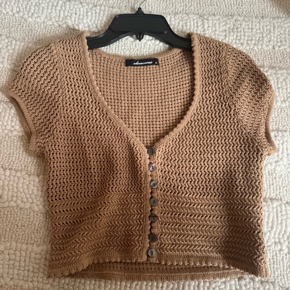 Olivaceous Tan Knit Semi Crop Top